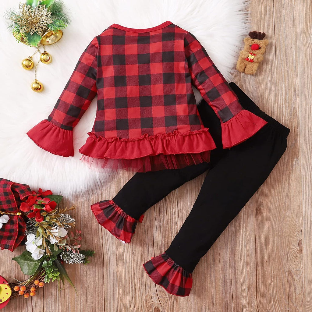1-6T Toddler Girl Christmas Clothes Set Plaid Santa Claus T-Shirts Tees Pullover Shirts Tops+Flare Pants Outfit Set