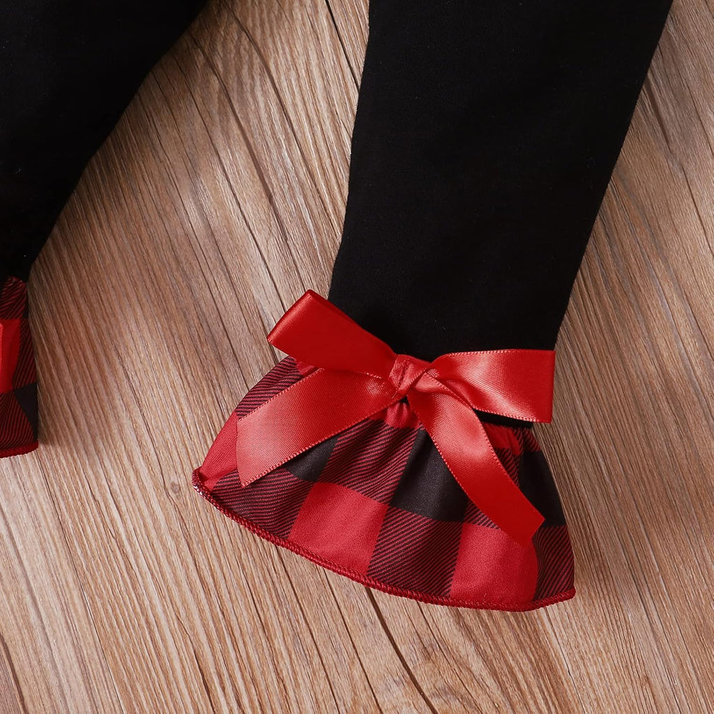 1-6T Toddler Girl Christmas Clothes Set Plaid Santa Claus T-Shirts Tees Pullover Shirts Tops+Flare Pants Outfit Set