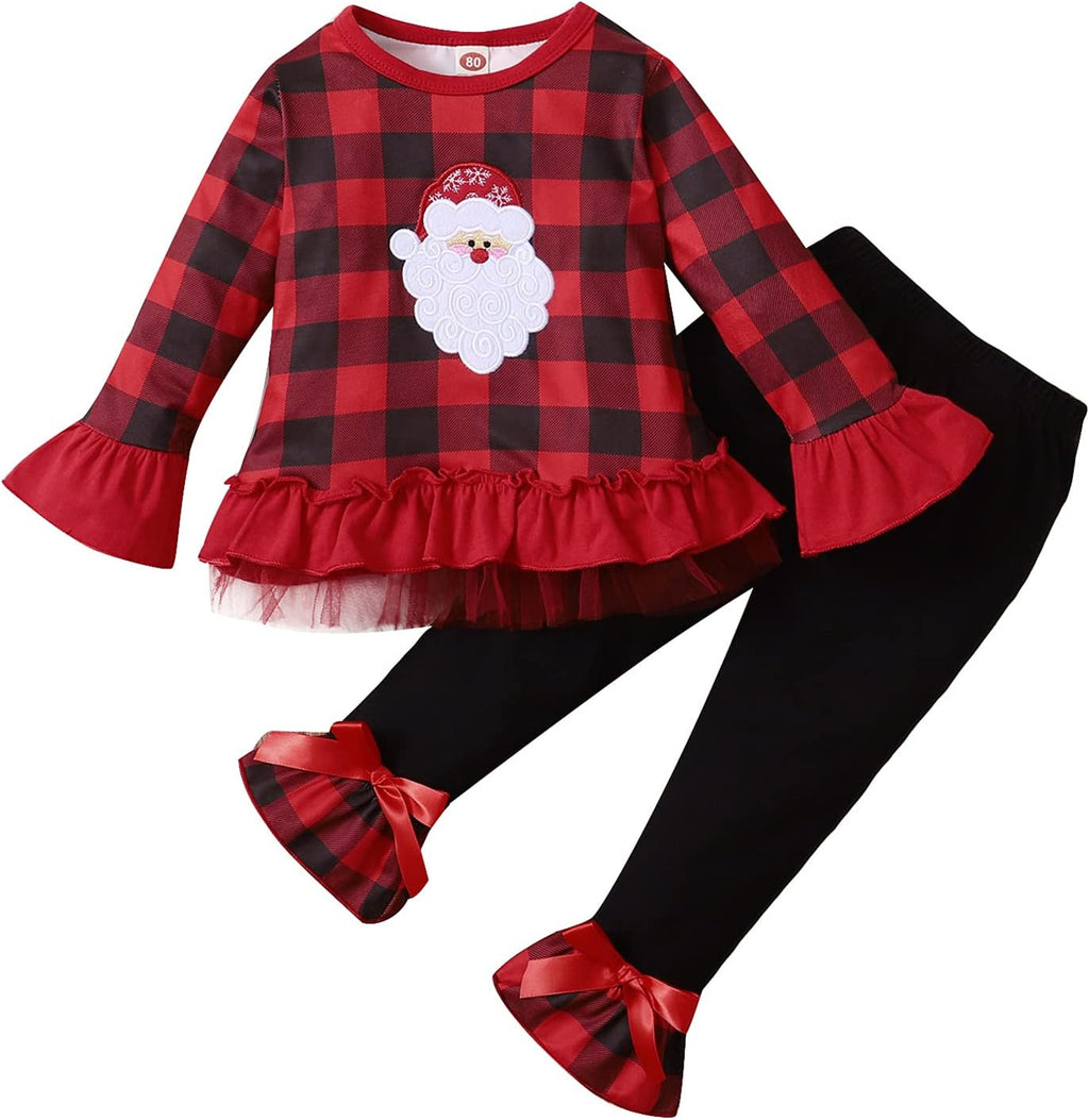 1-6T Toddler Girl Christmas Clothes Set Plaid Santa Claus T-Shirts Tees Pullover Shirts Tops+Flare Pants Outfit Set