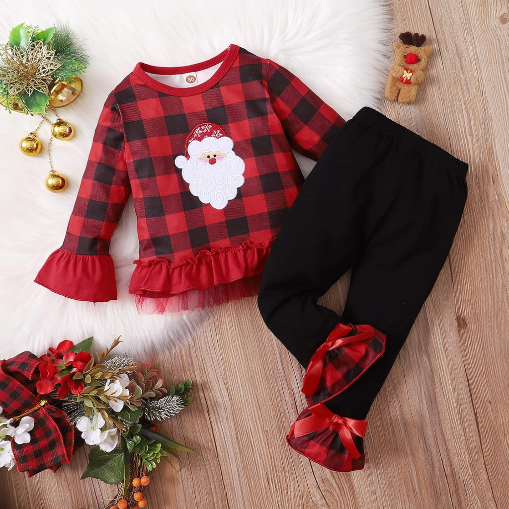 1-6T Toddler Girl Christmas Clothes Set Plaid Santa Claus T-Shirts Tees Pullover Shirts Tops+Flare Pants Outfit Set