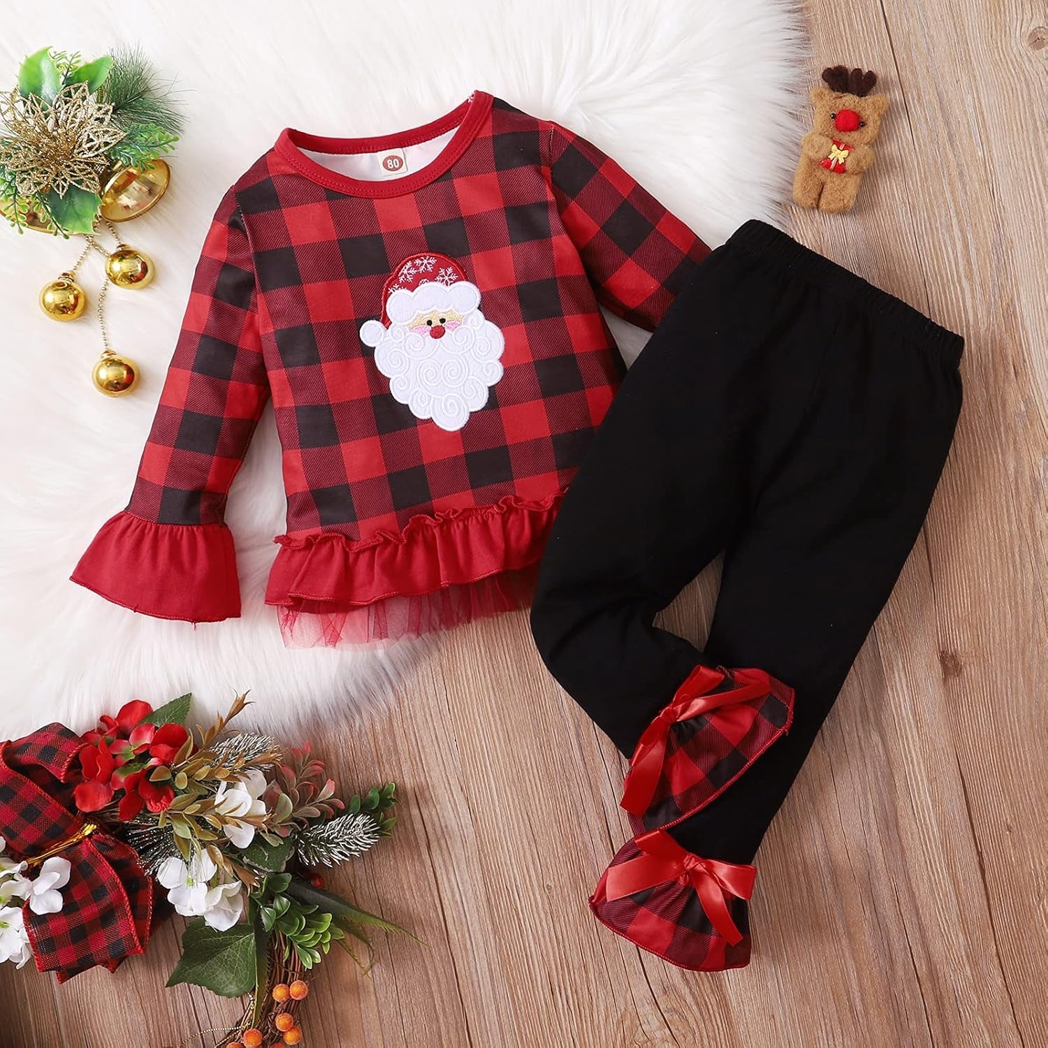 1-6T Toddler Girl Christmas Clothes Set Plaid Santa Claus T-Shirts Tees Pullover Shirts Tops+Flare Pants Outfit Set