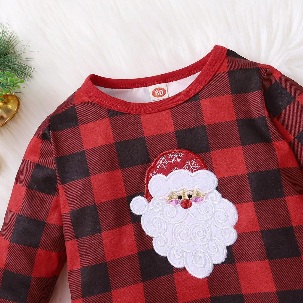 1-6T Toddler Girl Christmas Clothes Set Plaid Santa Claus T-Shirts Tees Pullover Shirts Tops+Flare Pants Outfit Set